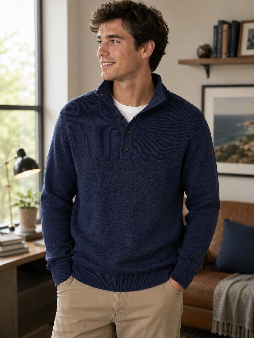 Banana Republic Men's Navy Zip-Style Button Mock-Neck Sweater